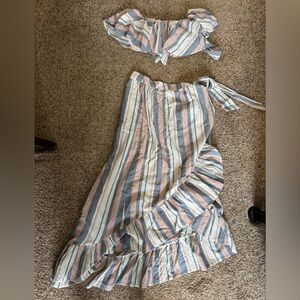 ASOS Striped Asymmetrical Ruffle Maxi Skirt - Pink, Blue & White